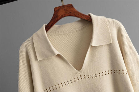 Aster Premium Woolen Coord Set - Sweater with Skirt - close-up of collar, beige - Miss Mosa By Akanksha