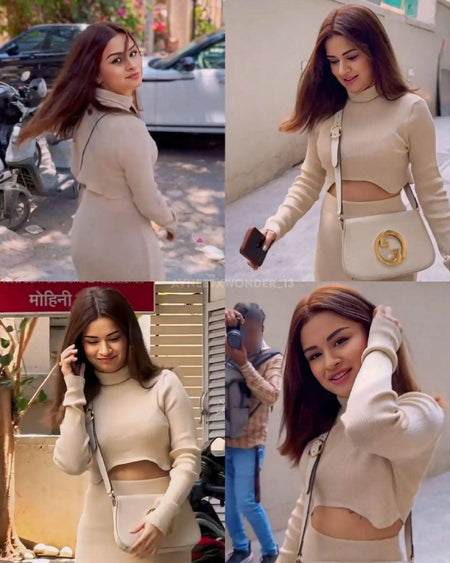 Aster Ribbed Set of Top and Skirt - lifestyle shot on model, beige - Miss Mosa By Akanksha