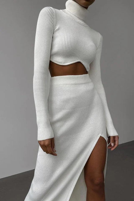 Aster Ribbed Set of Top and Skirt - side shot on model, white - Miss Mosa By Akanksha
