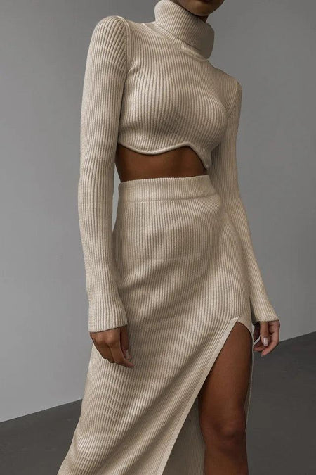 Aster Ribbed Set of Top and Skirt - side shot on model, beige - Miss Mosa By Akanksha