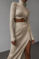Aster Ribbed Set of Top and Skirt - side shot on model, beige - Miss Mosa By Akanksha