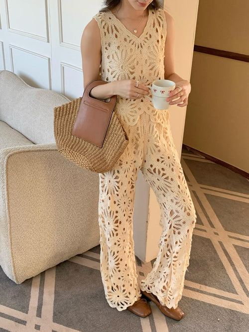 Astley Crochet Coord Set In Beige
