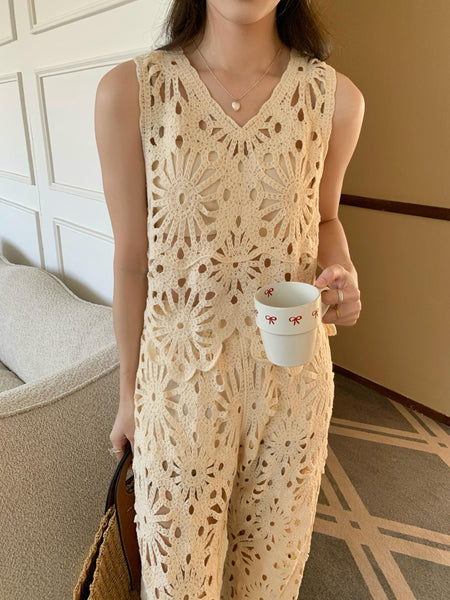 Astley Crochet Coord Set In Beige - front shot on model - Miss Mosa By Akanksha