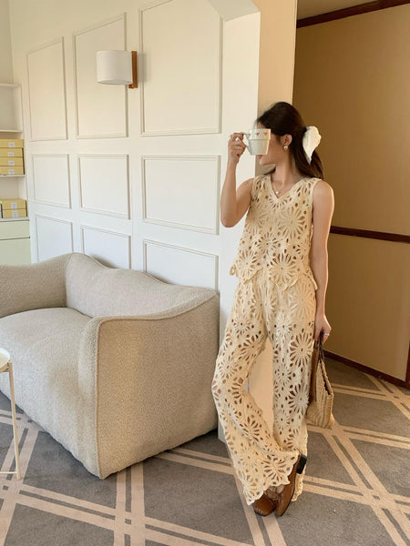 Astley Crochet Coord Set In Beige - full-length side shot on model - Miss Mosa By Akanksha