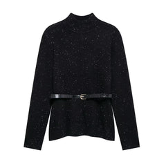 Astrid Belted Woolen Sweater - front product shot, black - Miss Mosa By Akanksha