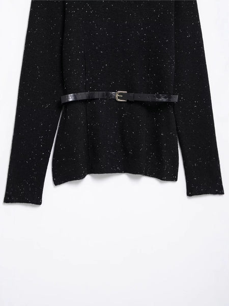 Astrid Belted Woolen Sweater - close-up of belt detail, black - Miss Mosa By Akanksha