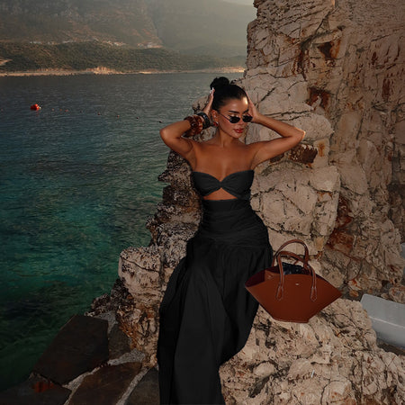 Astrid Bodycon Maxi Dress - seated shot, black - Miss Mosa By Akanksha
