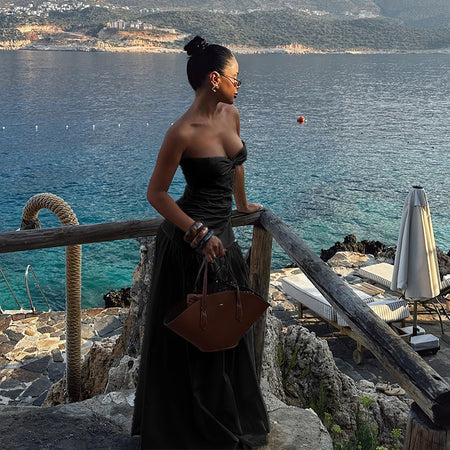Astrid Bodycon Maxi Dress - seated shot, black - Miss Mosa By Akanksha