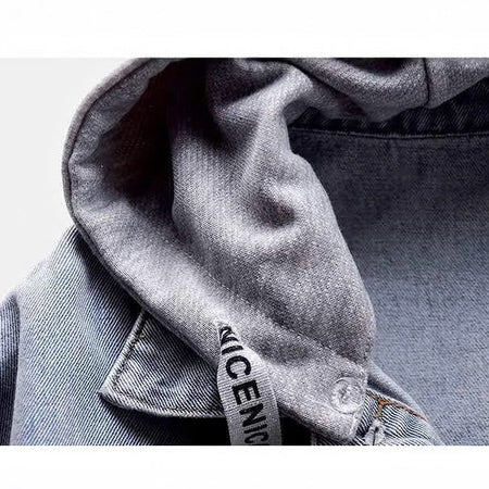 Athena Denim Jacket With Cap In Blue - close-up of the grey hood detail - Miss Mosa By Akanksha
