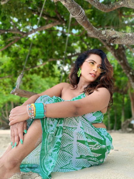 Athens Summer Bikini Set with Skirt - Resortwear In Green - lifestyle shot on model, green - Miss Mosa By Akanksha