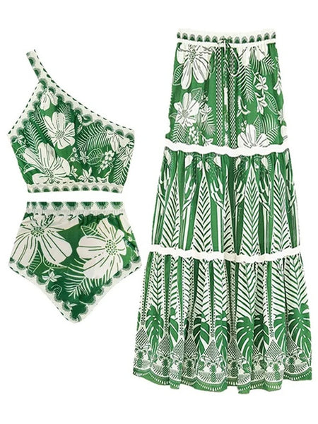Athens Summer Bikini Set with Skirt - Resortwear In Green - flat-lay product shot, green - Miss Mosa By Akanksha