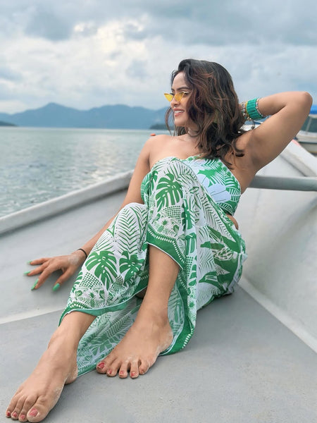 Athens Summer Bikini Set with Skirt - Resortwear In Green - lifestyle shot on model, green - Miss Mosa By Akanksha