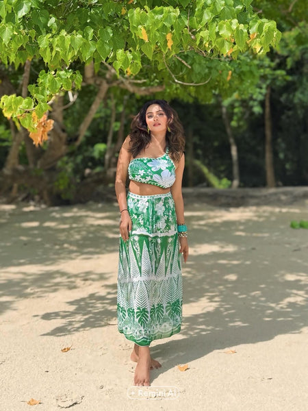 Athens Summer Bikini Set with Skirt - Resortwear In Green - lifestyle shot on model, green - Miss Mosa By Akanksha