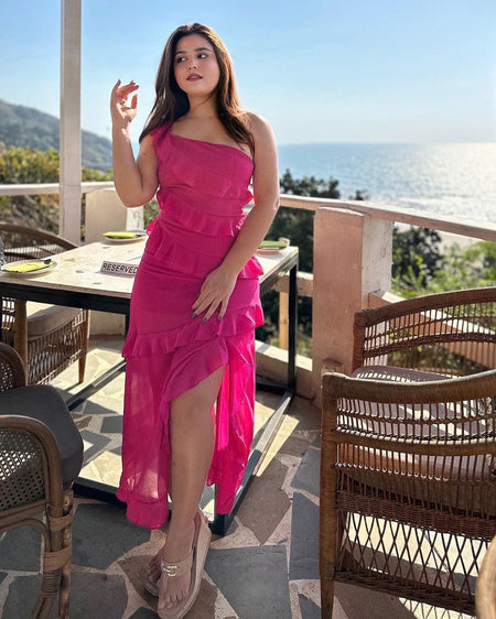 Atlee Ruffled Maxi Dress in Pink - full-length shot on model, pink - Miss Mosa By Akanksha