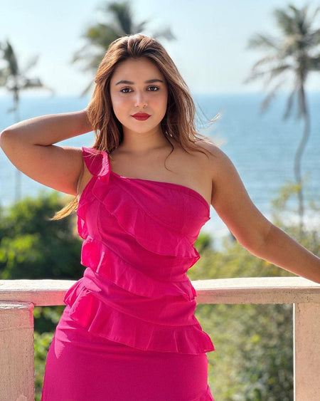 Atlee Ruffled Maxi Dress in Pink - front shot on model, pink - Miss Mosa By Akanksha