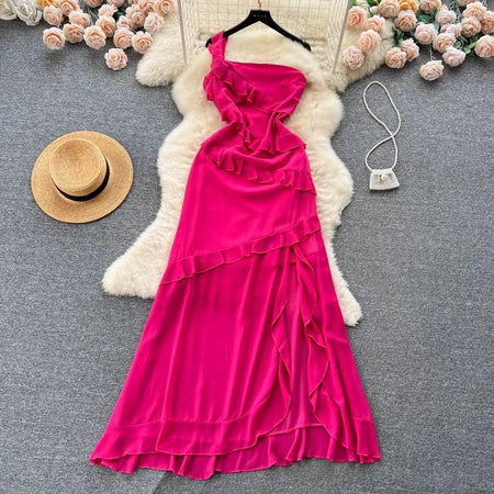 Atlee Ruffled Maxi Dress in Pink - styled flat-lay shot, pink - Miss Mosa By Akanksha