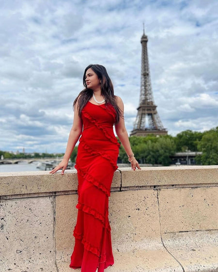 Atrani Ruffled Maxi Dress - full-length shot on model, red - Miss Mosa By Akanksha