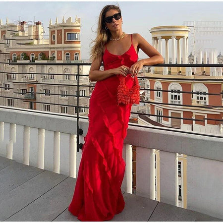 Atrani Ruffled Maxi Dress - lifestyle shot on model, red - Miss Mosa By Akanksha