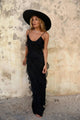 Atrani Ruffled Maxi Dress - full-length shot on model, black - Miss Mosa By Akanksha