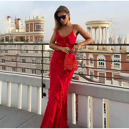 Atrani Ruffled Maxi Dress - lifestyle shot on model, red - Miss Mosa By Akanksha