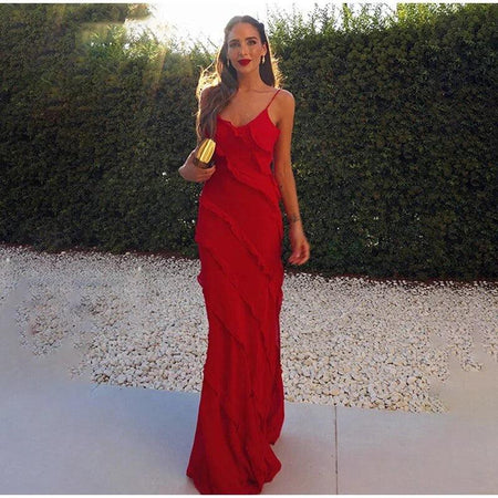Atrani Ruffled Maxi Dress - full-length shot on model, red - Miss Mosa By Akanksha