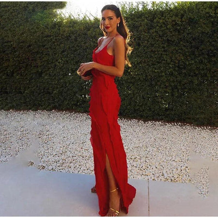 Atrani Ruffled Maxi Dress - side shot on model, red - Miss Mosa By Akanksha
