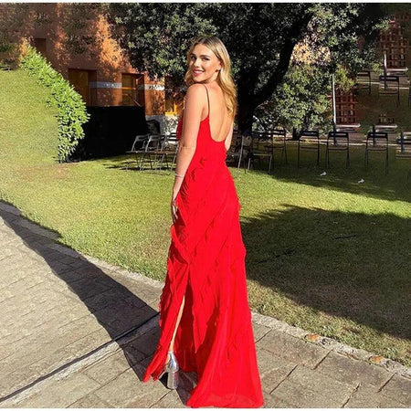 Atrani Ruffled Maxi Dress - back shot on model, red - Miss Mosa By Akanksha
