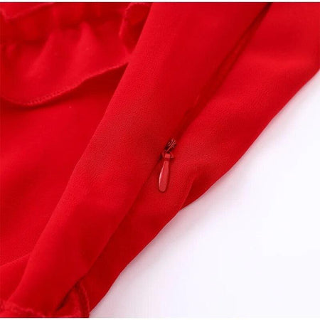 Atrani Ruffled Maxi Dress - close-up of zip, red - Miss Mosa By Akanksha