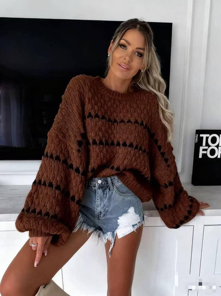 Aubin Statement Pullover - front shot on model, brown and black - Miss Mosa By Akanksha