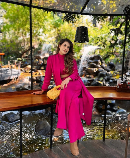 Aubrey Luxe Winter Coord Set with Cape - styling shot on model outdoors, pink - Miss Mosa By Akanksha