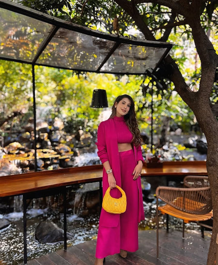 Aubrey Luxe Winter Coord Set with Cape - styling shot on model outdoors, pink - Miss Mosa By Akanksha