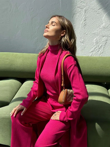 Aubrey Luxe Winter Coord Set with Cape - side shot on model seated, pink - Miss Mosa By Akanksha
