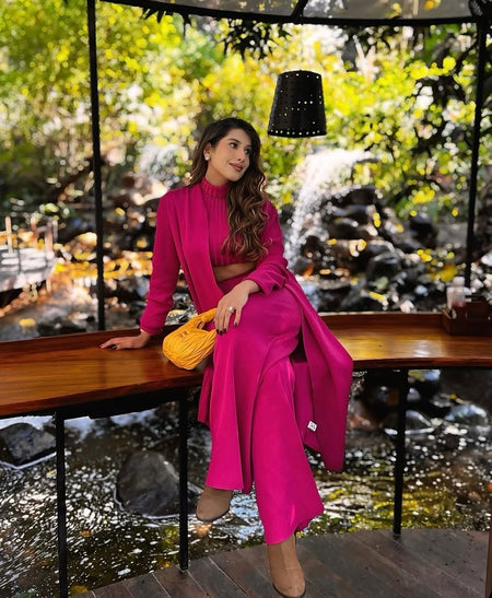 Aubrey Luxe Winter Coord Set with Cape - styling shot on model outdoors, pink - Miss Mosa By Akanksha