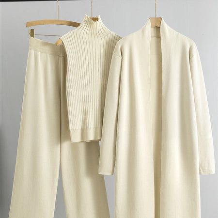 Aubrey Luxe Winter Coord Set with Cape In Beige - flat-lay product shot of three-piece knit coord set on hangers - Miss Mosa By Akanksha