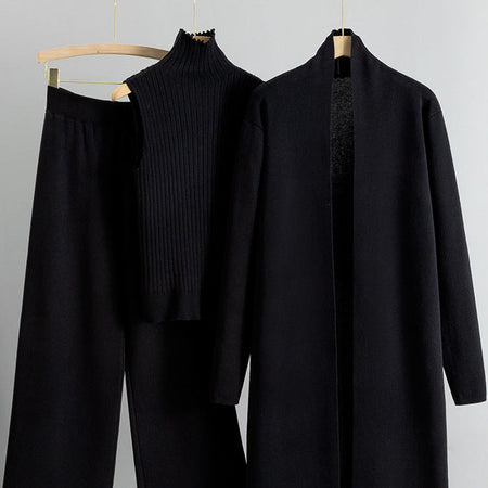 Aubrey Luxe Winter Coord Set with Cape In Black - flat-lay product shot of three-piece knit coord set on hangers - Miss Mosa By Akanksha