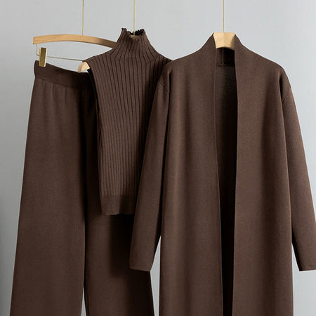 Aubrey Luxe Winter Coord Set with Cape In Brown - flat-lay product shot of coord set on hangers - Miss Mosa By Akanksha
