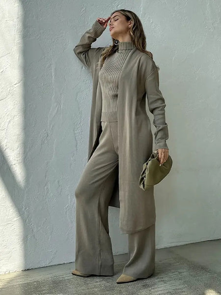 Aubrey Luxe Winter Coord Set with Cape In Grey - full-length front shot on model of knit coord set with long cardigan - Miss Mosa By Akanksha