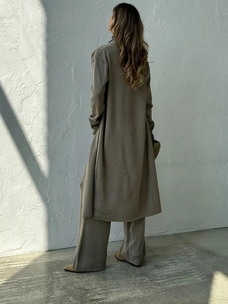 Aubrey Luxe Winter Coord Set with Cape In Grey - full-length back shot on model of knit coord set with long cardigan - Miss Mosa By Akanksha
