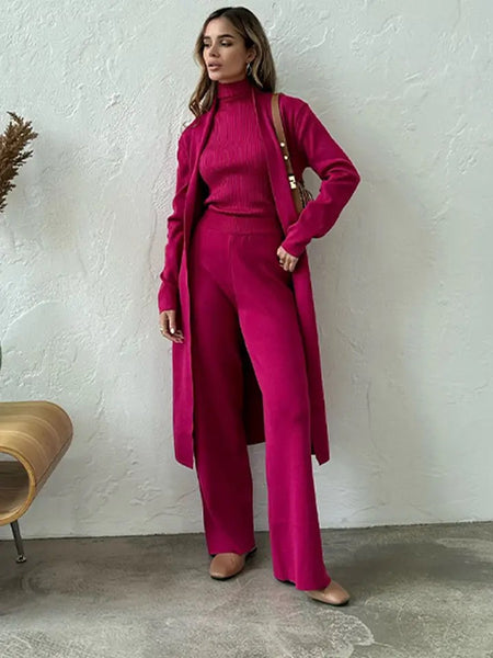 Aubrey Luxe Winter Coord Set with Cape In Pink - full-length front shot on model of knit coord set with long cardigan - Miss Mosa By Akanksha