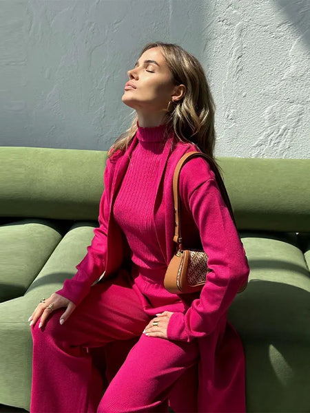 Aubrey Luxe Winter Coord Set with Cape In Pink - seated front shot on model of knit coord set - Miss Mosa By Akanksha