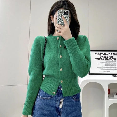 Audra Cute Woolen Sweater with Heart Detail - front shot on model, green - Miss Mosa By Akanksha