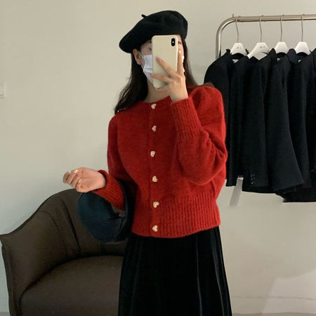 Audra Cute Woolen Sweater with Heart Detail - front shot on model, red - Miss Mosa By Akanksha