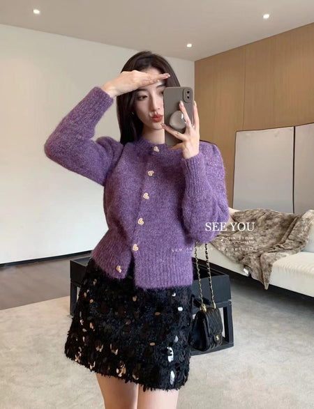 Audra Cute Woolen Sweater with Heart Detail - front shot on model, purple - Miss Mosa By Akanksha