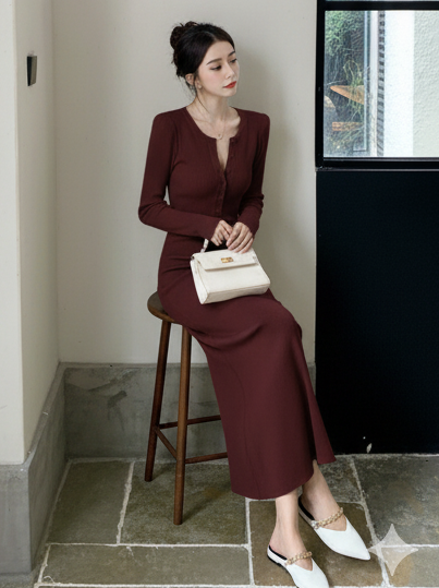 Aurora Premium Knitted Maxi Dress - full-length shot on seated model, burgundy - Miss Mosa By Akanksha