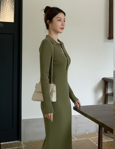 Aurora Premium Knitted Maxi Dress - side shot on standing model, olive green - Miss Mosa By Akanksha