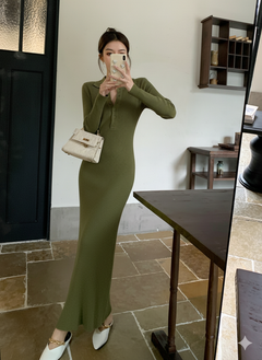 Aurora Premium Knitted Maxi Dress - full-length mirror shot on standing model, olive green - Miss Mosa By Akanksha
