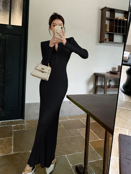 Aurora Premium Knitted Maxi Dress - full-length mirror shot on standing model, black - Miss Mosa By Akanksha