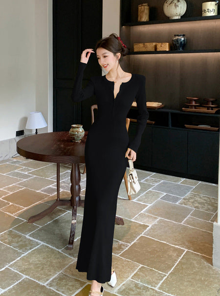 Aurora Premium Knitted Maxi Dress - full-length shot on standing model, black - Miss Mosa By Akanksha