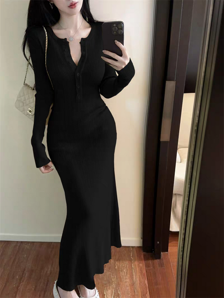 Aurora Premium Knitted Maxi Dress - full-length mirror shot on standing model, black - Miss Mosa By Akanksha