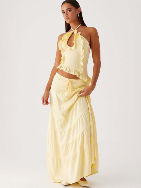 Aurore Halterneck Coord Skirt Set - full-length front shot, pale yellow - Miss Mosa By Akanksha